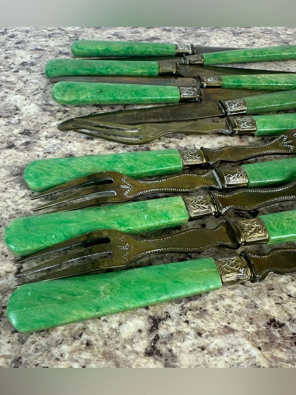Set of 12 Antique French Vermeil Green Handle Fruit Service Flatware Fork Knife